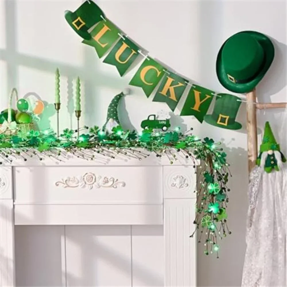 6 Ft St Patrick's Day Garland with Light, Lighted Shamrock Garlands, Green